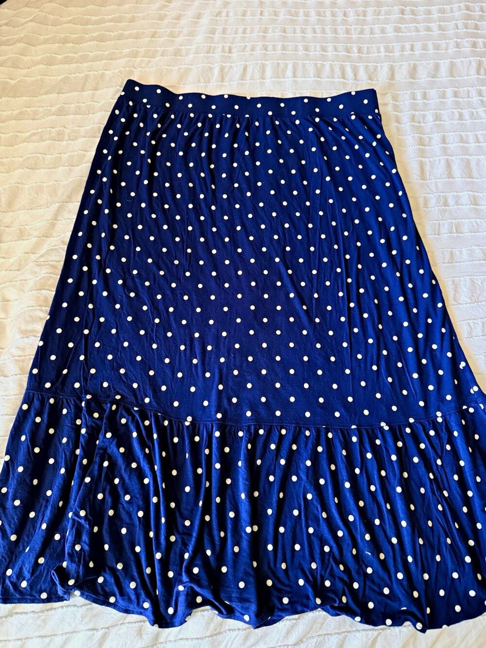 St. John's Bay Women's 2X Blue White Polka Dot Knit Pull On Midi A-Line Skirt